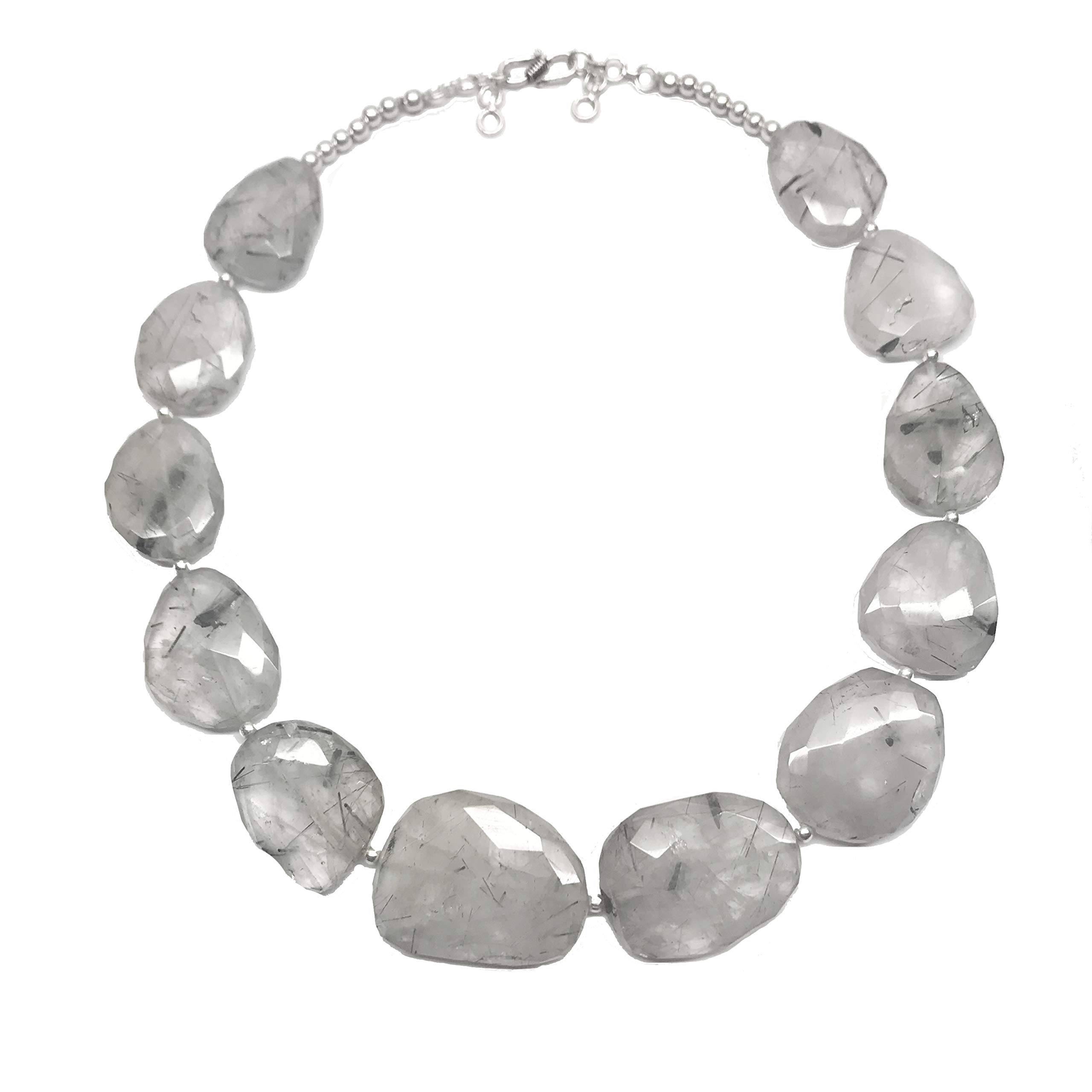 Franki Baker Statement Faceted Black & White Natural Rutile Quartz Gemstone Necklace. Length: 45cm+5cm