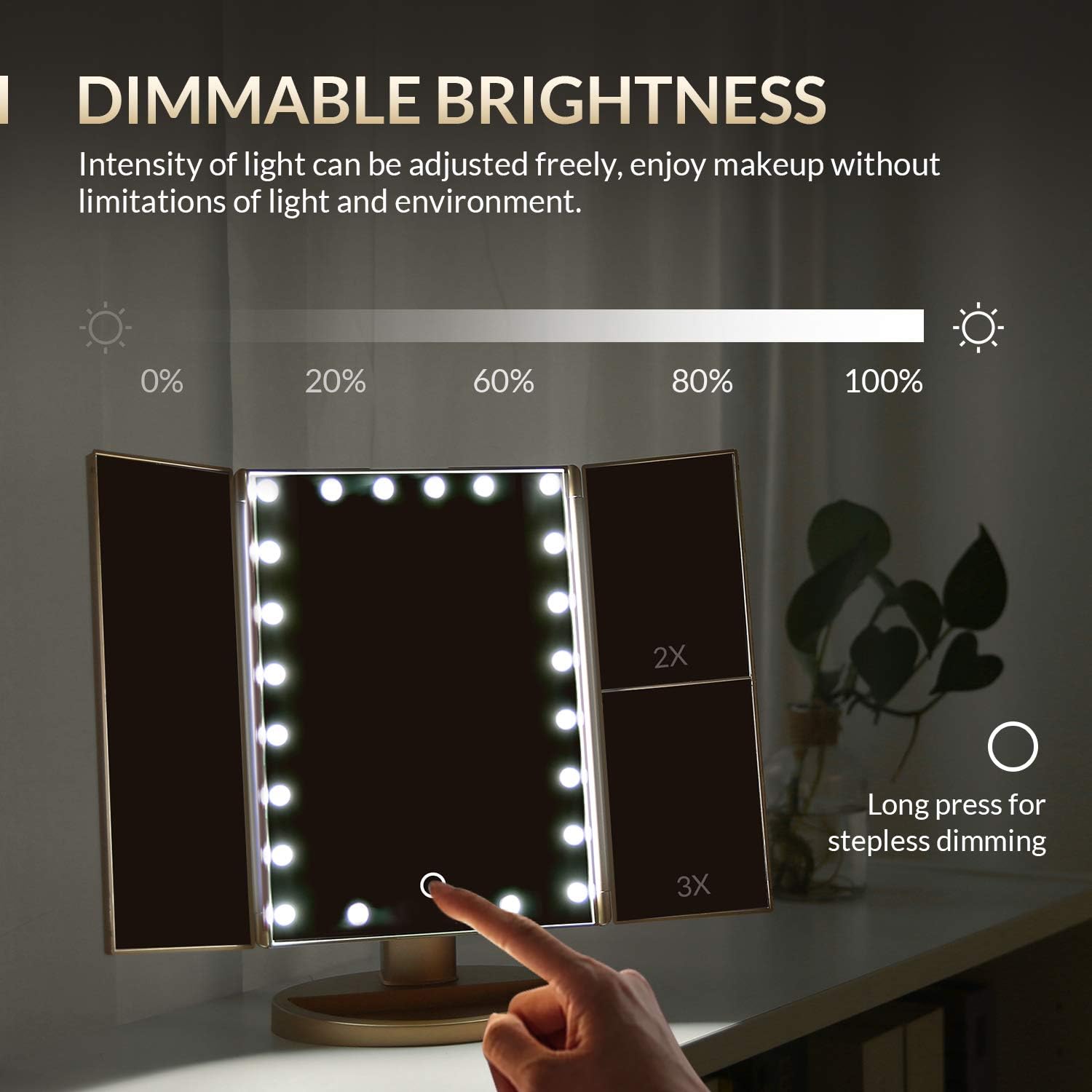 EASEHOLD Makeup Mirror with Lights 21 LEDs Lighted Vanity Mirror 2X 3X Magnifying 180 Degree Adjustable Desk Mirror with Touch Screen Dual Power Supply Countertop Trifold Cosmetic Mirror -