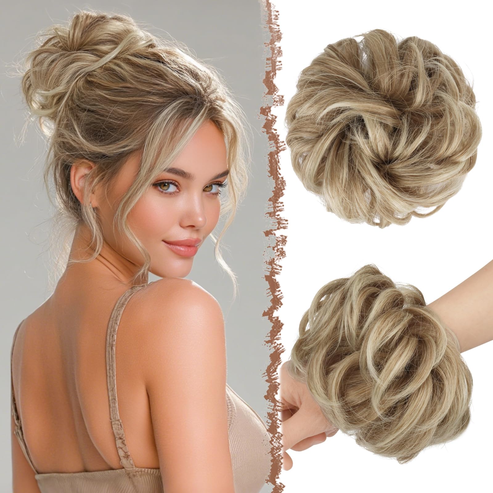 FESHFEN Messy Bun Hair Piece Hairs Scrunchies Thick Curly Wavy Pony Tail Synthetic Accessories Donut Updo Hairpieces for Women Girls 55g, Mixed Blonde and Ash Blonde Tips