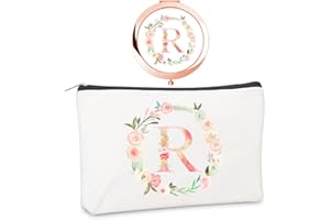 BOUTIKPRO Personalized Gift Initial Compact Mirror w Makeup Bag for Women Sister Daughter Mom Wife, Floral Monogram Alphabet Small Mirror Ideal Gift on Birthday, Christmas, Graduation (R + Bag, ROSE GOLD)