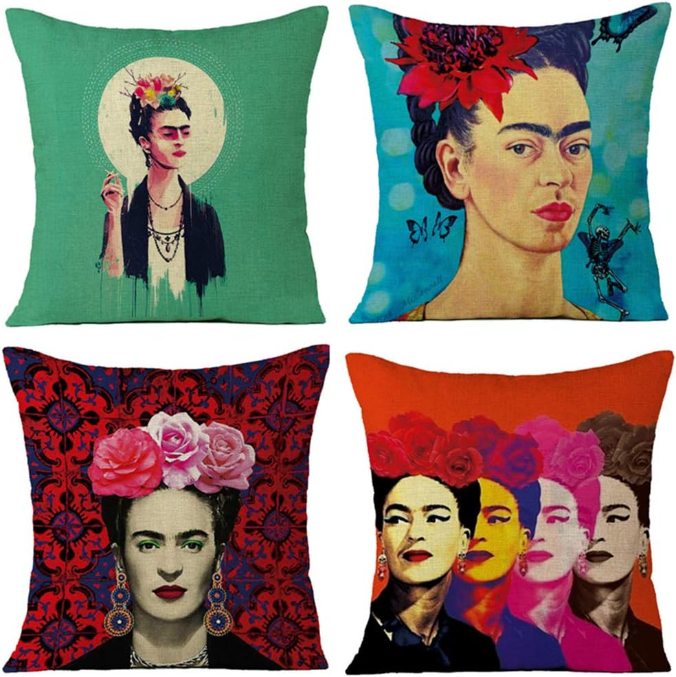 Joyi 4 Pack Frida Kahlo Self-Portrait Cotton Linen Throw Pillow Case Car Cushion Cover 18"x18",Pattern 25