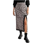 SweatyRocks Women's Leopard Print High Rise Midi Skirt Casual Lace Trim Thigh Slit Long Skirts Party Outfits