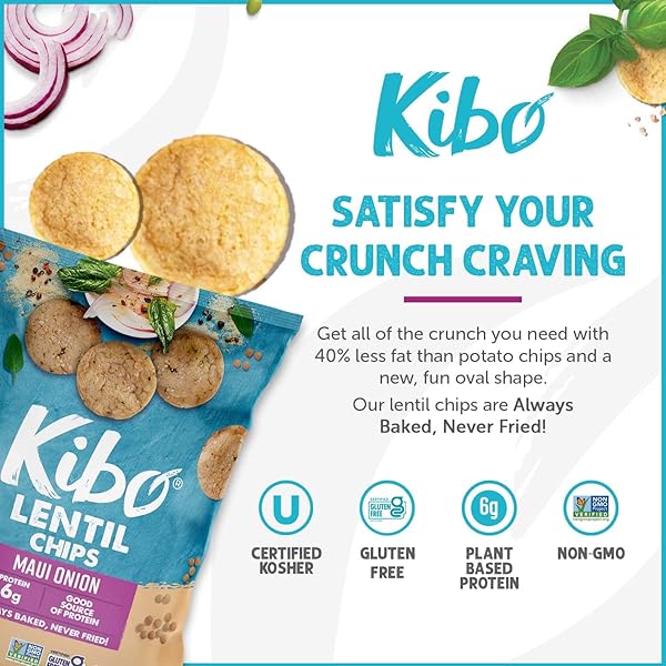 KIBO LENTIL CHIPS MAUI ONION FLAVOR – GLUTEN-FREE, HIGH PROTEIN-FIBER, NON-GMO, PLANT-BASED, MADE WITH REAL VEGGIES – 28G, 12 PACK