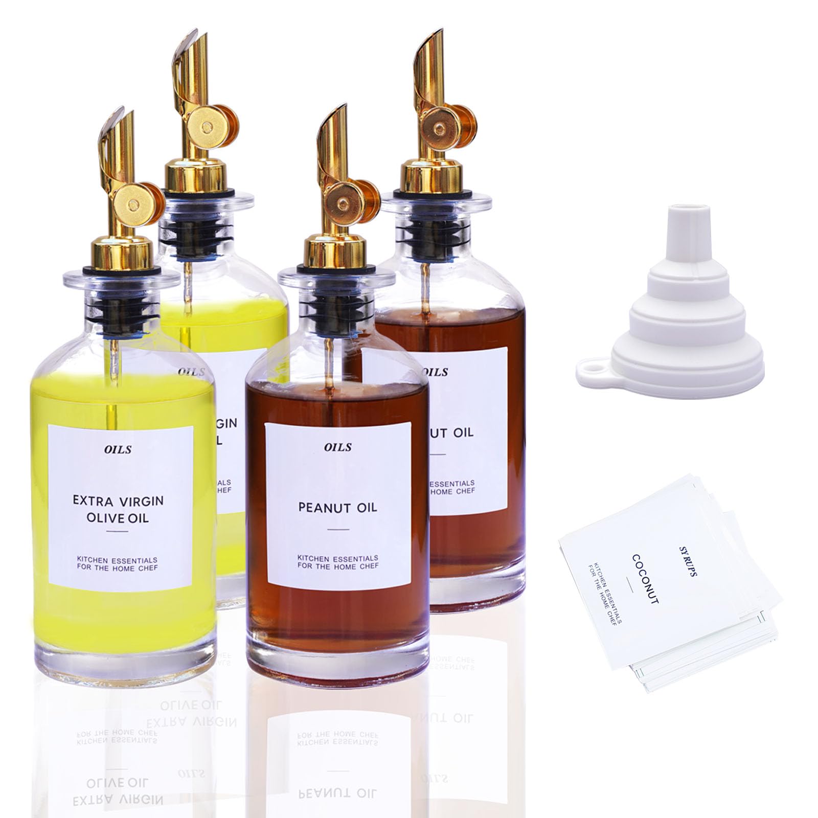 Olive Oil Dispenser Bottle for Kitchen,Oil and Vinegar Dispenser Set,Cooking Oil Dispenser with Weighted Pourer,Glass Coffee Syrup Dispenser with Waterproof Label,Silicone Funnel(Gold,350ml,4 pack)