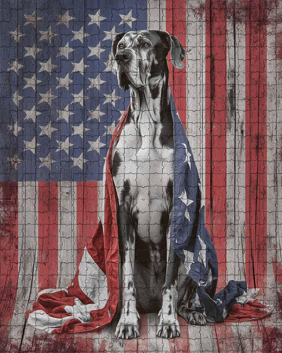 View 1 of 1000 Piece Puzzle for Adults Great Dane Wrapped in American Flag A Challenging and Patriotic Jigsaw Game for Dog Lovers, Patriots Fun Wall Art and Family Night Gift Idea
