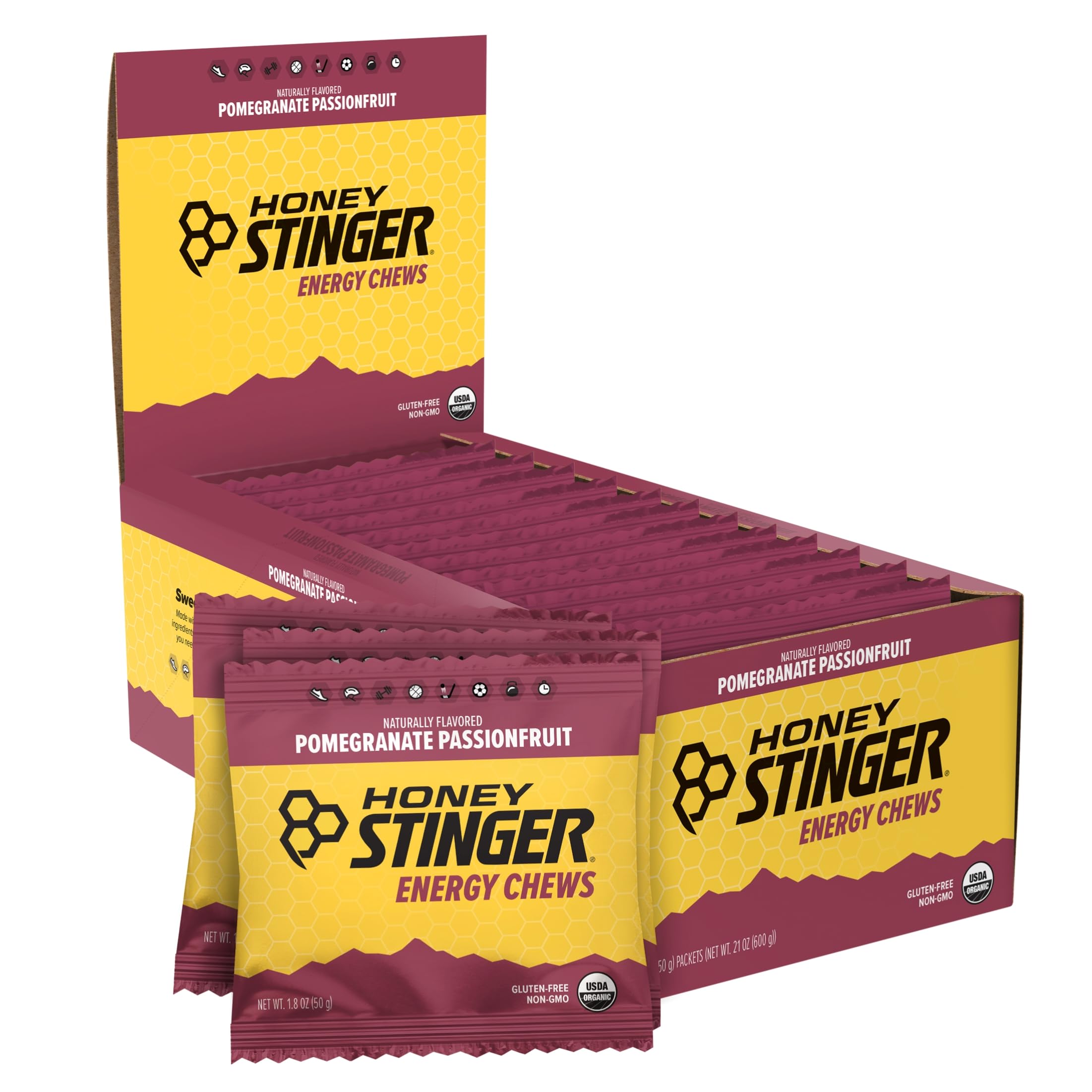 Honey Stinger Organic Pomegranate Passionfruit Energy Chew, Gluten Free & Caffeine Free, for Exercise, Running and Performance, Sports Nutrition for Home & Gym, Pre and Mid Workout, 12 Pack