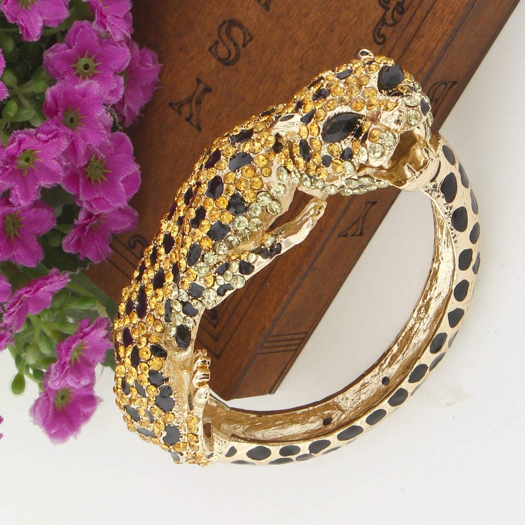 Feast EVER FAITH Austrian Crystal Black Enamel Gorgeous Leaping Leopard Animal Bracelet for Women