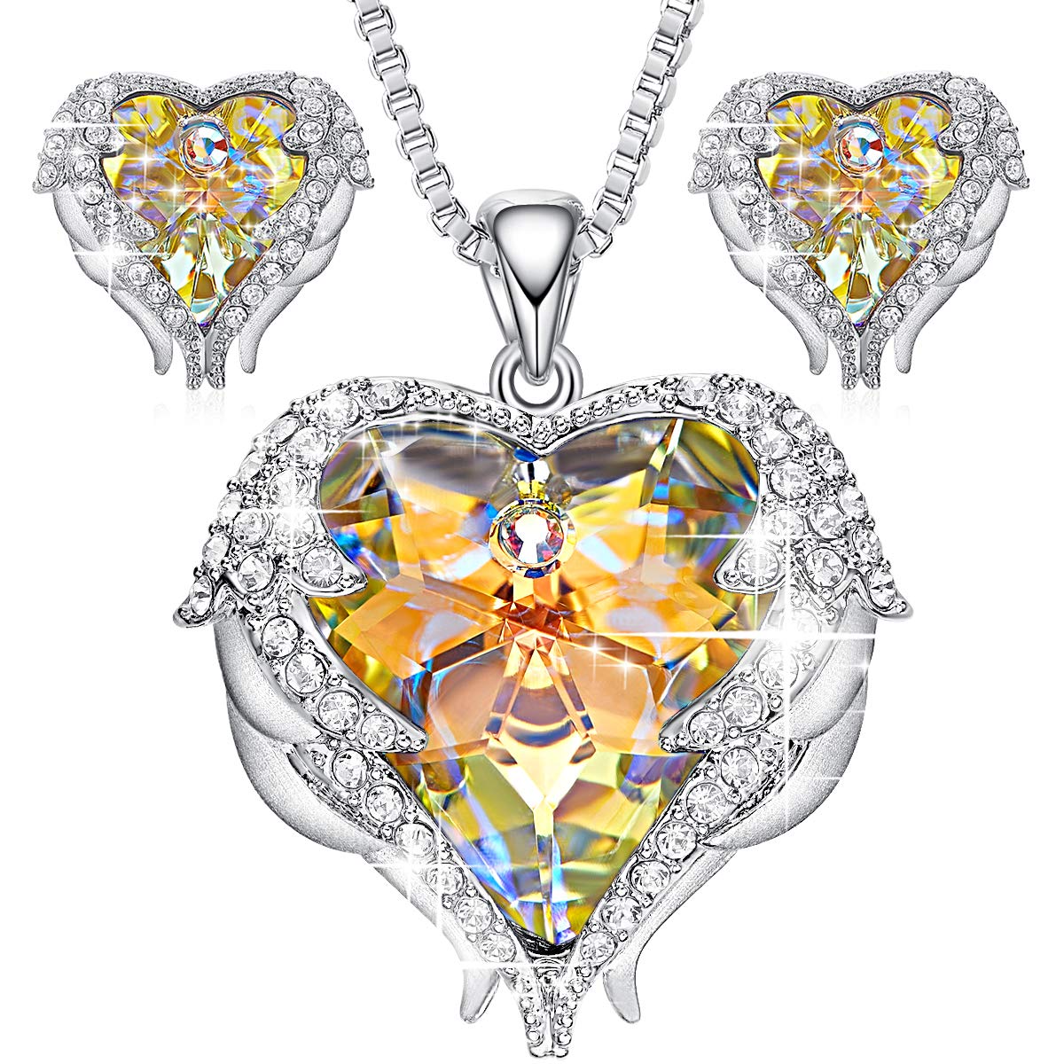 CDE Jewery for Women Swarosvki Pendant Necklaces Set with Silver Angel Wing Crystal Stud Earrings Birthsone Birthday Gifts for Women Girls