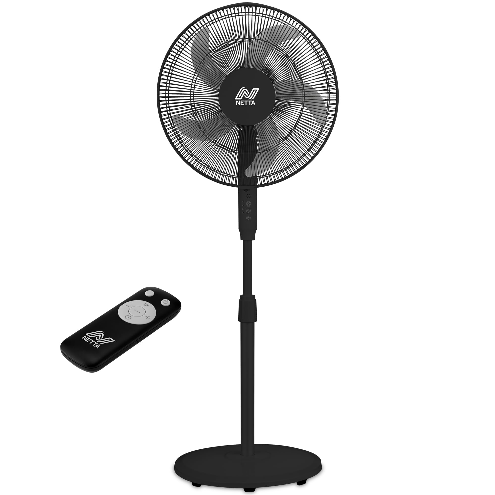 NETTA 16 Inch Pedestal Fan with Remote Control - 40W Oscillating Standing Floor Fan with 7-Hour Timer & 3 Speed Settings - 1.3m Adjustable Height Electric Fan for Bedroom & Home Office - Black