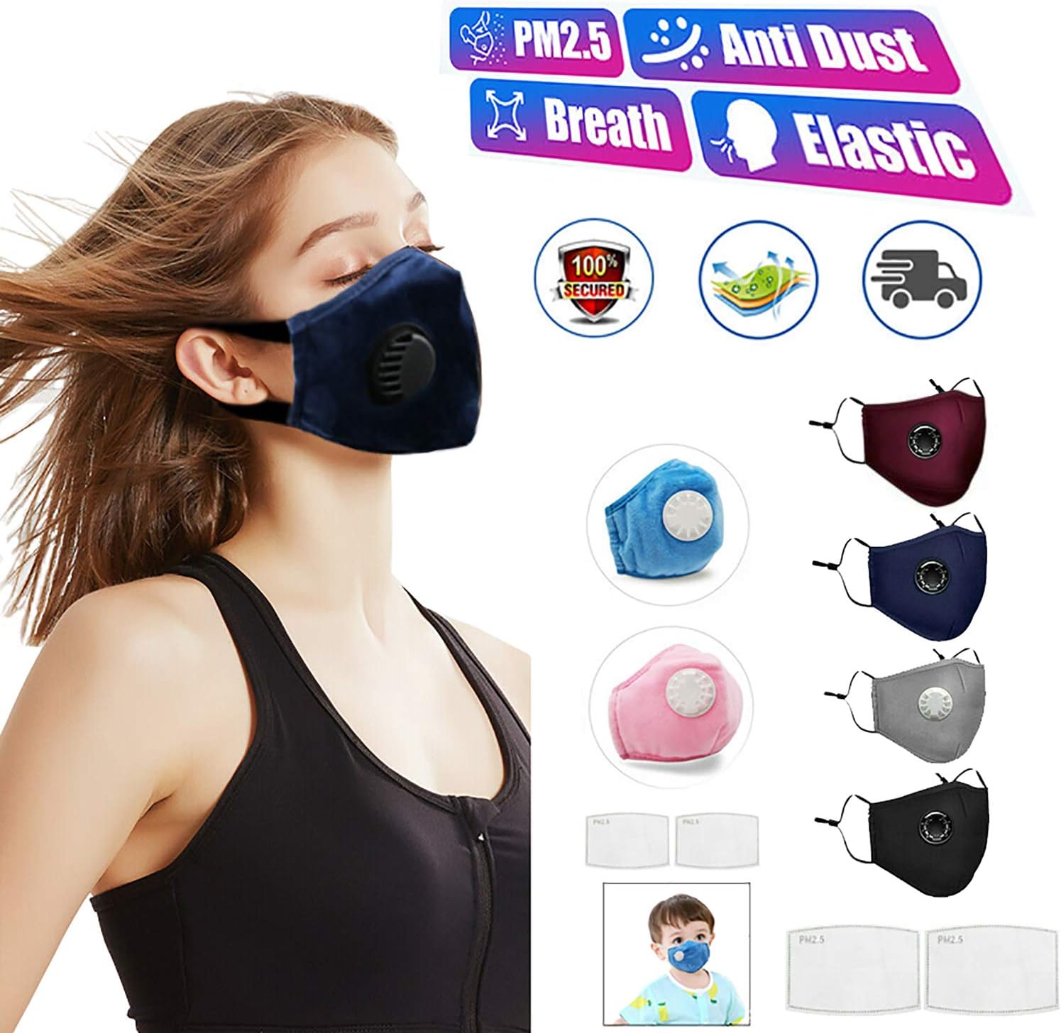 1 Mask + 10 PM2.5 Face Mask with Activated Carbon Filter Insert Anti Dust Reusable Cotton Mouth Mask for Travel Camping Gardening Cycling Outdoor (Grey)