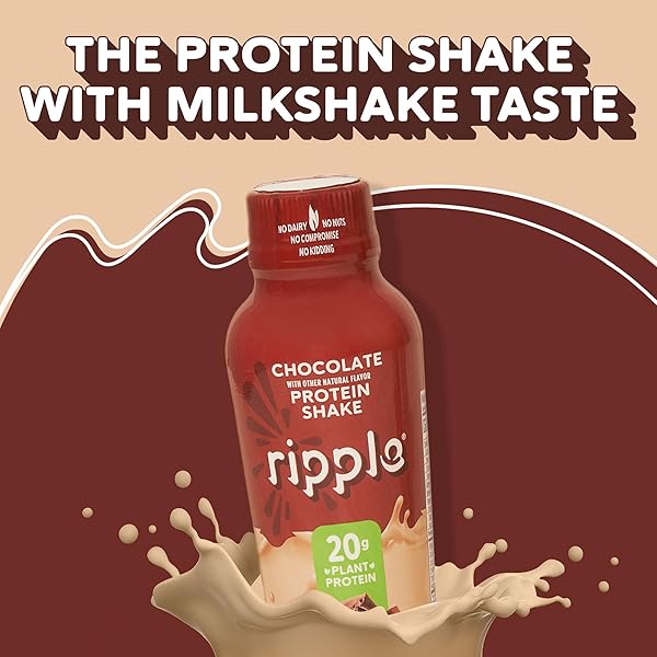 RIPPLE VEGAN PROTEIN SHAKE | CHOCOLATE | 20G NUTRITIOUS PLANT BASED PEA PROTEIN | SHELF STABLE | NO GMOS, SOY, NUT, GLUTEN, LACTOSE | 12 OZ,