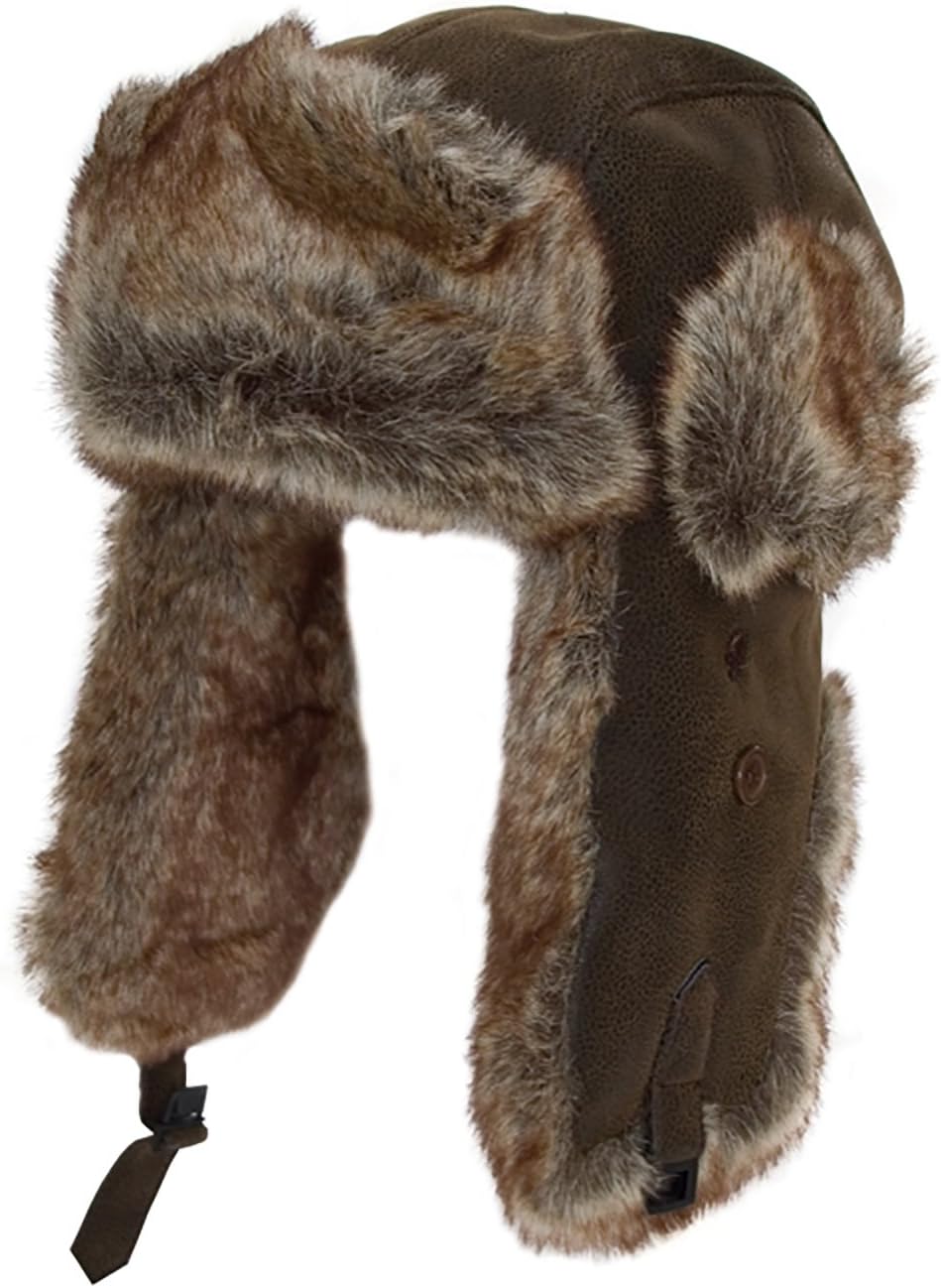 Mens Distressed Leather Look Trapper Hat (AW102) (59cm)