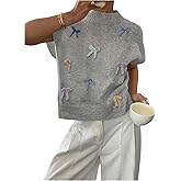 WDIRARA Women's Bow Sweater Tops Crew Neck Short Sleeve Knit Pullover Top