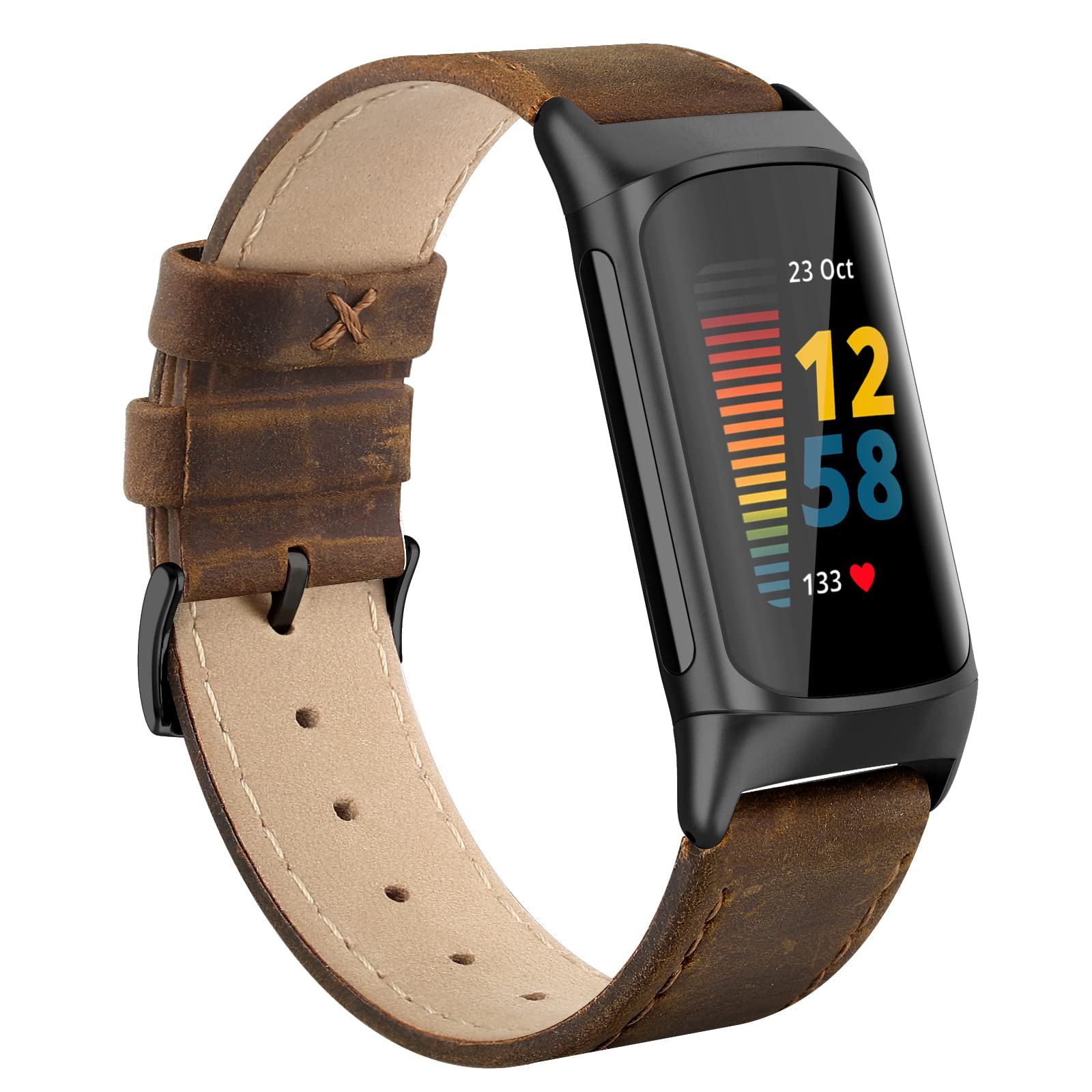 Tuocal Genuine Leather Strap Compatible with Fitbit Charge 5, Soft Breathable Replacement Sport Wristband for Women & Men, Retro Brown