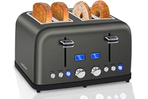 SEEDEEM Toaster 4 Slice, LCD Display, 6 Shade Settings Stainless Toaster, 1.5'' Wide Slots, Digital Toaster for Bagel, Defrost, Reheat, Dual Control, Removable Crumb Tray, 1500W, Dark Metallic