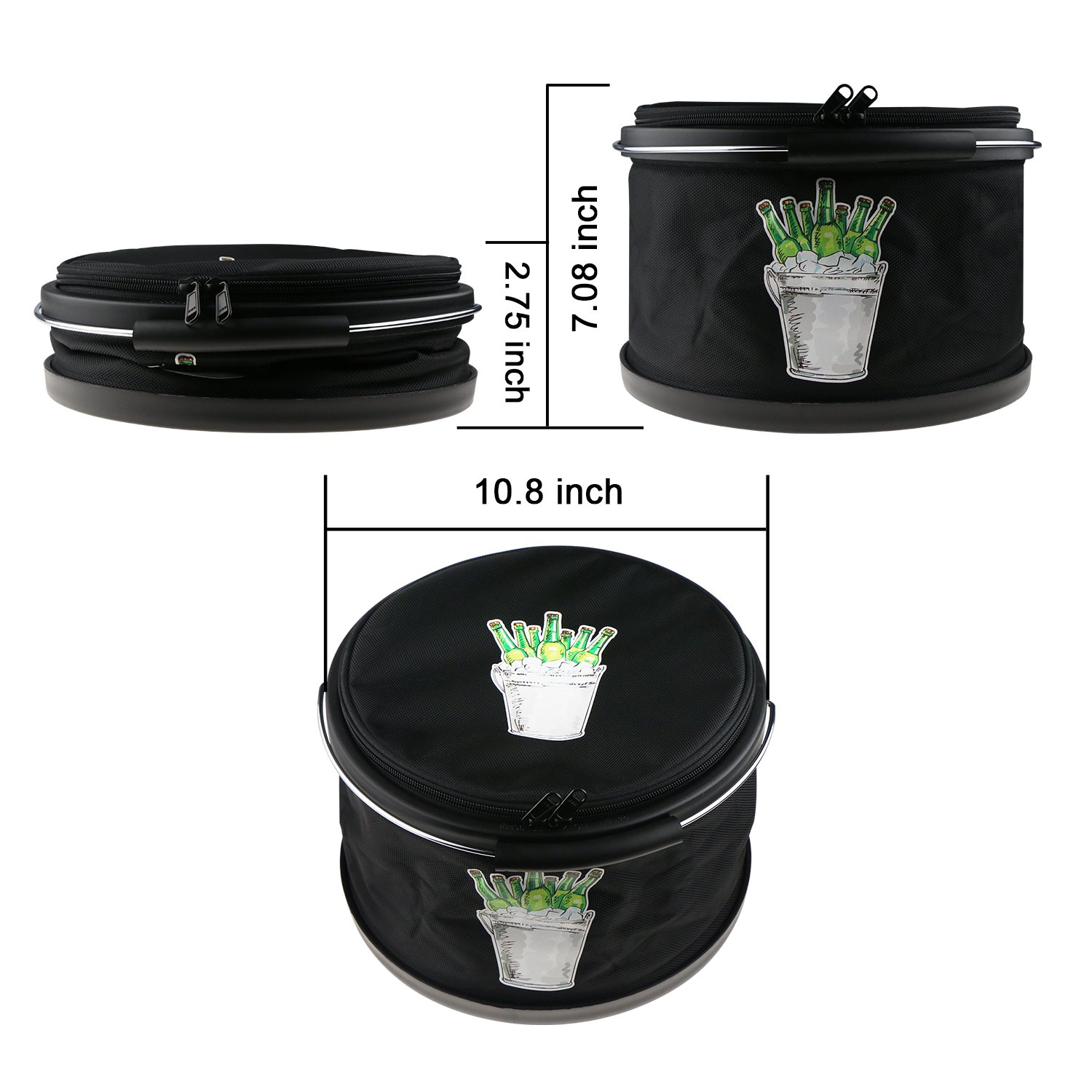 Collapsible Ice Bucket Drinks Lunch Cooler, LC-dolida Portable Folding Camping Beverage Beer Can Cooler with Zipper Double Insulated Bucket Bag for Hiking, Picnic, Travel Black