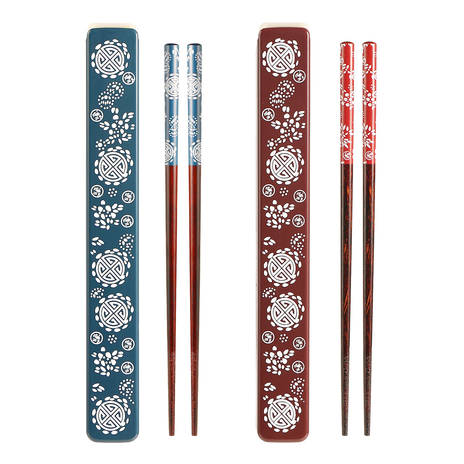 2 Pairs Portable Chopsticks Set with Case - Reusable Natural Wooden Chopsticks - Japanese Style Eco-Friendly for Sushi, Noodle, Picnic, Kitchen - Blue and Red, White