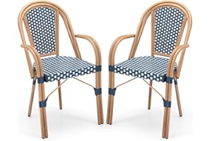 Tangkula Outdoor French Bistro Chairs Set of 2, Hand-Woven PE Wicker Patio Chairs with Armrests, Outdoor Dining Armchairs with Galvanized Metal Frame for Porch, Garden (1,Blue)