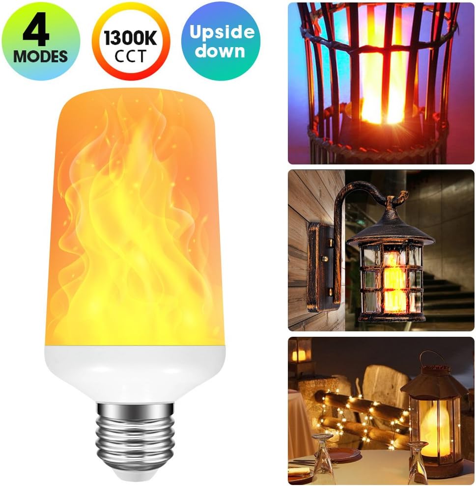 Rinuo LED Flame Effect Light Bulb with 4 Lighting Modes and Upside-Down Feature, E26 Standard Base Bulb for Home/Hotel/Bar/Restaurant Decoration