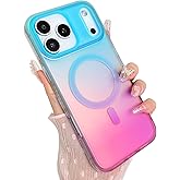 Heaofei Aesthetic Case for iPhone 17 Pro Case for Women Girls [Compatible with Magsafe] Cute Girly Trendy Glitter Sparkly Rainbow Magnetic Protective Phone Cover, Matte Iridescent Blue & Pink