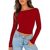 ForeFair Long Sleeve Shirt for Women Going Out Top Crop Boat Neck Double Lined Basic T Shirts