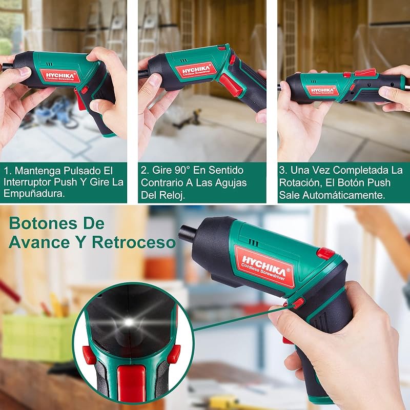 HYCHIKA Destornillador Eléctrico 6N.m, Atornillador Eléctrico Inalámbrico 3.6v Batería 2000mAh (Máximo Par 6 N.m) LED Luz, Mandril Magnétic, Cable USB, 20 Accesorios
