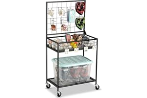 AHOWPD Grid Wall Panels Display Cart - Rolling Heavy Duty Metal Wire Grid Wall Display Stand Rack with 10 Hooks & 10 S Hooks for Craft Shows, Retail Art Fair and Flea Market (Black)