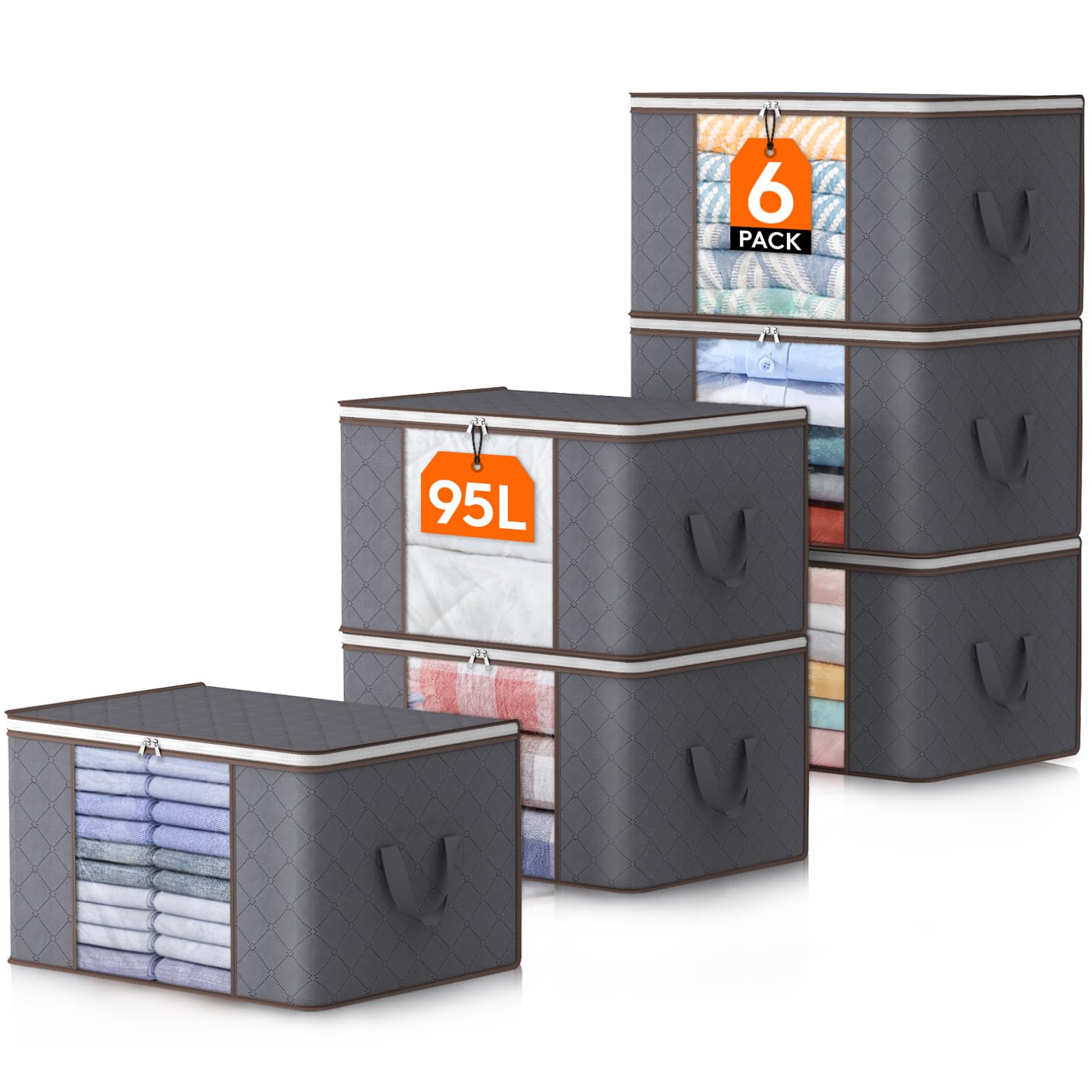 Lifewit 95L Clothes Storage Bags, Foldable Storage Box Moving Bags Wardrobe Storage Organiser Packing Boxes for Moving House with Clear Window for Clothing Bedding Blankets, Grey, 6 Pack