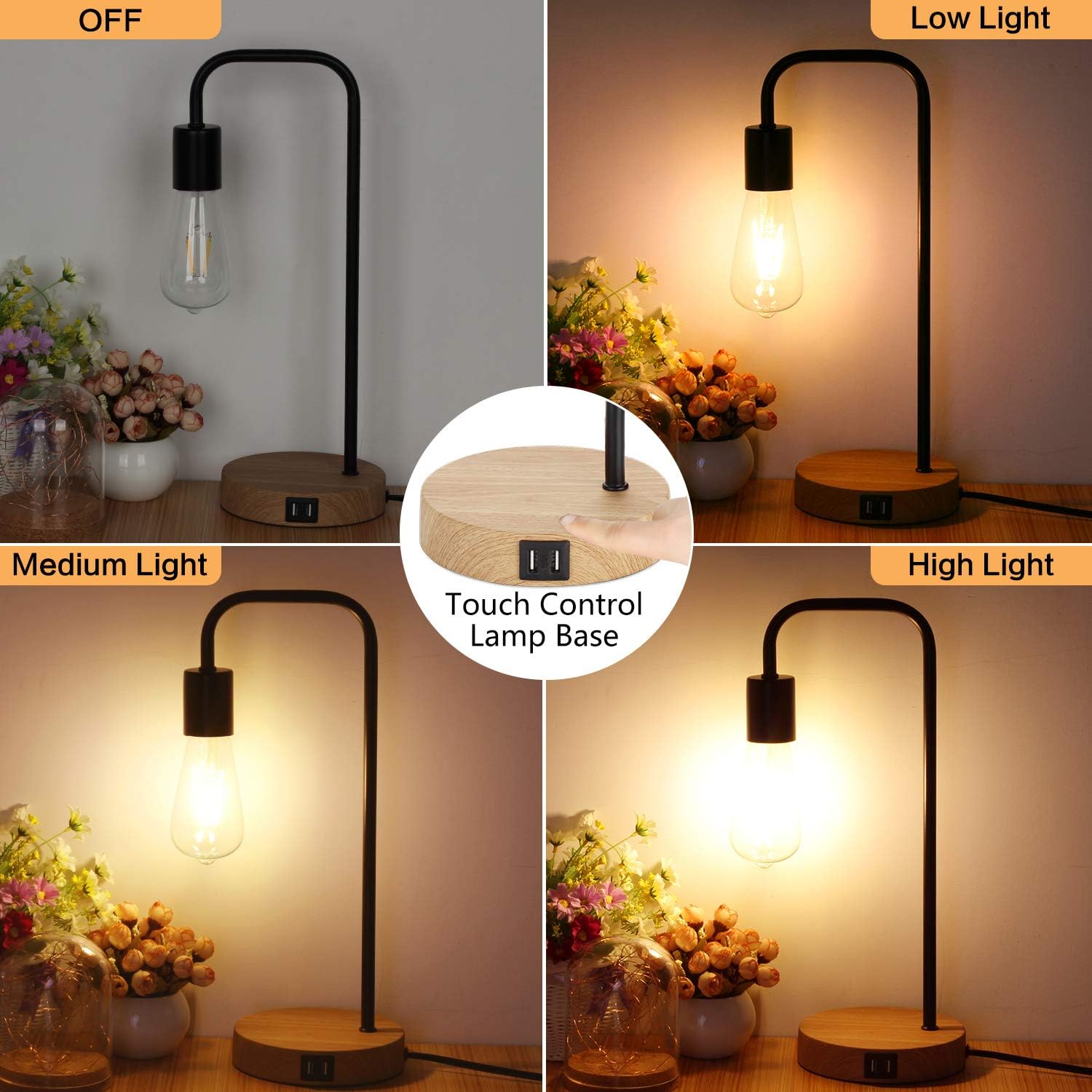 Touch Control Table Lamp, USB Desk Lamp, 3 Way Dimmable Modern Nightstand Lamp with Two USB Charging Ports for Bedroom, Living Room, Office, Dimmable Vintage 6W ST64 E26 LED Bulb Included: Home & Kitchen