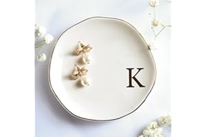 Yoqanr Ceramic Jewelry Tray Ring Dish Personalized K-Monogrammed Engagement Wedding Gifts, for Birthday Mother's Day for Women, Ceramic White 4.75" (K)