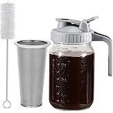 Glyntrof Cold Brew Coffee Maker Glass Pitcher, 32 oz Mason Jar with Pour Spout Handle Lid with Stainless Steel Filter for Iced Coffee, Lemonade, Ice Tea, Fruit Drinks