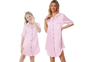 Schbbbta Girls & Women Silk Nightgown, Short Sleeve Button Down Satin Nightshirt Pajama House Dress, 3 Years- Women 2XL