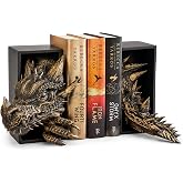 Dragon Bookends Ornaments, Gothic Fantasy Bookends, Book Lovers Unique Resin Shelf Holder Set, Functional Resin Animal Statue Sculpture Book Holder for Home Office Bookshelf（Gold）