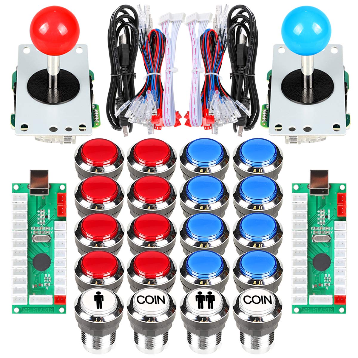 Fosiya 2 Player Arcade Joystick LED Chrome Push Buttons for PC MAME Raspberry Pi Video Games Arcade Cabinet Parts (Red - Blue Kit)