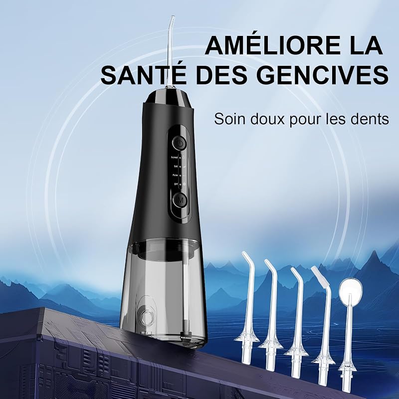 Hydropulseur jet Dentaire Portable, Réservoir d'eau de 320 ml, Noir