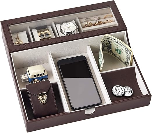 Amazon Com Neatopa Valet Tray Men Jewelry Keys Watch Nightstand Organizer For Perfect Life On Table Valet Box Made Of Black Pu Leather Velvet With Charging Station Dark Brown Home Kitchen
