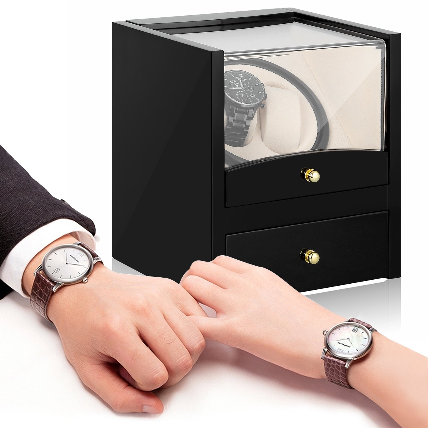 Automatic Watch Winder Box Luxury Wooden for 2 Wrist Watches + 2 Storage Case