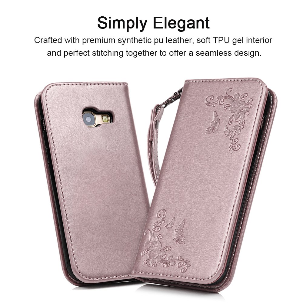 A5 2017 Case - MAXFE.CO for Samsung A5 2017 Case Embossed Butterfly Rose Gold PU Leather Flip Stand Cover Case for Samsung Galaxy A5 2017 (5.2 Inch) with Dual Layer Hand Strap Card Holder [Magnetic Closure] - Rosy Gold