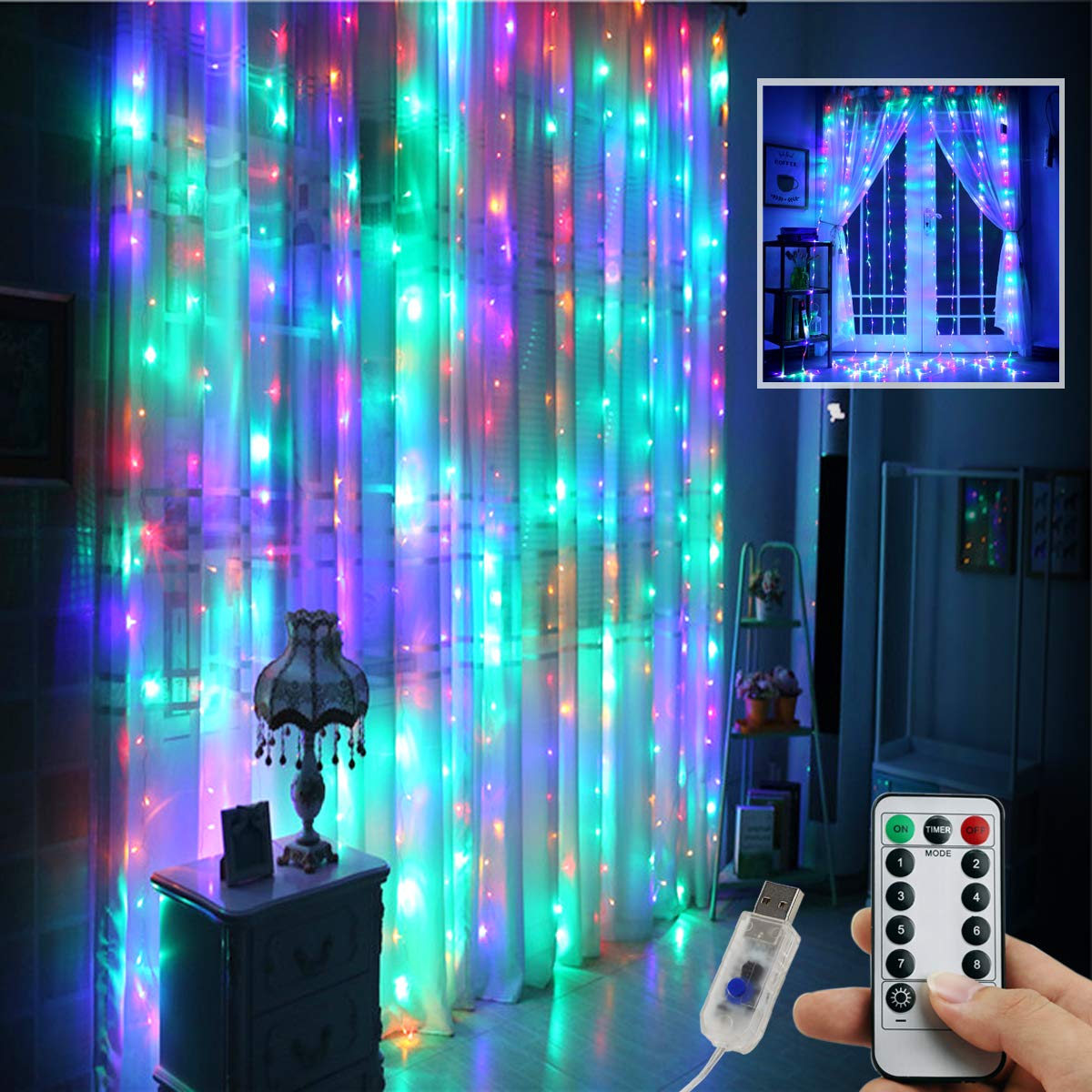 Juhefa Window Curtain Lights 300 LED,USB Powered Fairy String Lights with Remote, IP64 Waterproof & 8 Settings Twinkle Lights for Bedroom Parties,Weddings,Wall Decorations (9.8x9.8Ft Multi-Color)