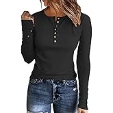 APOFER Womens Long Sleeves Ribbed Knit Tunic Shirts Scoop Neck Button Down Tops Casual Henley Tee Shirt Slim Fit Blouses
