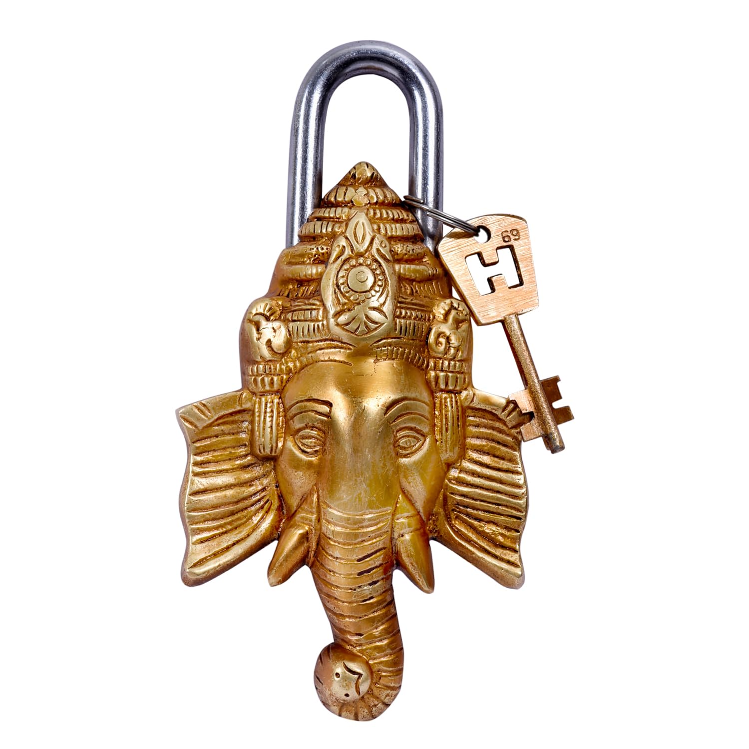Brass Functional Padlock Collectible Golden Security Key Locks (Ganesh JI FACE)(Golden)