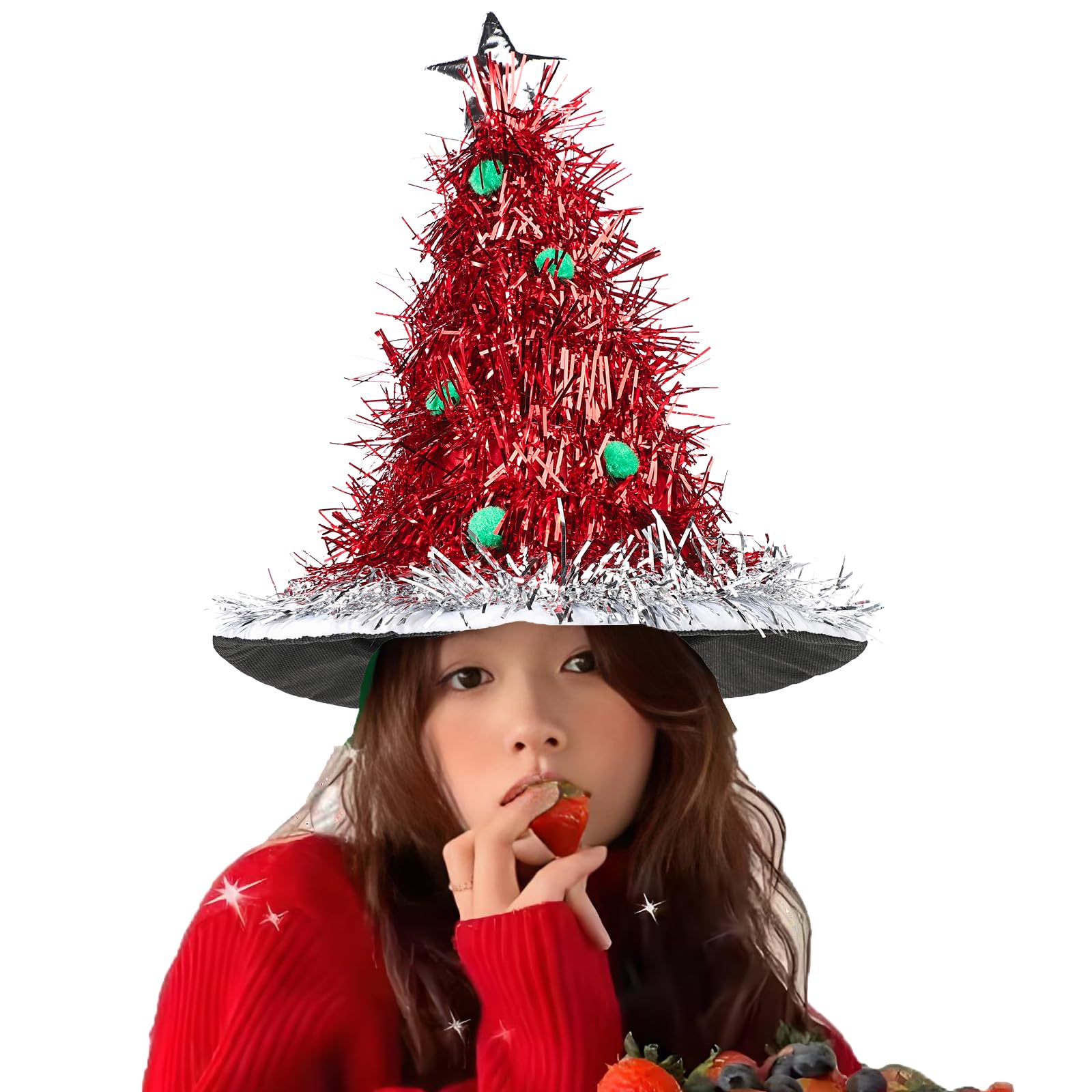 Adult Novelty Christmas Tree Hat with Tinsel and Star Christmas Holiday Sparkly Santa Hat Fancy Dress Party Headwear Topper Table Ornament Decor Party Dress Up Costume Cap for Cosplay Night Out