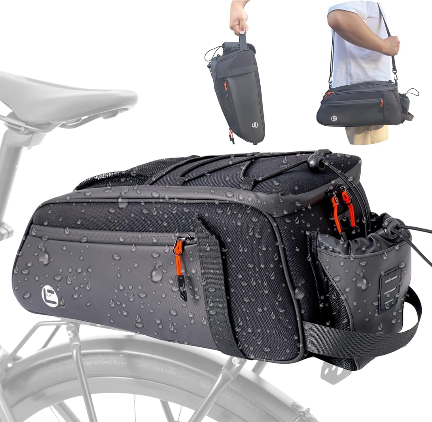 Photo 1 of NDakter Bike Bags for Bicycle Rear Rack - 10L Waterproof 3 IN 1 Ebikes Trunk Bag with Water Bottle Holder, Reflective Electric Bike Saddle Panniers with Shoulder Strap for Commuter Travel Outdoor