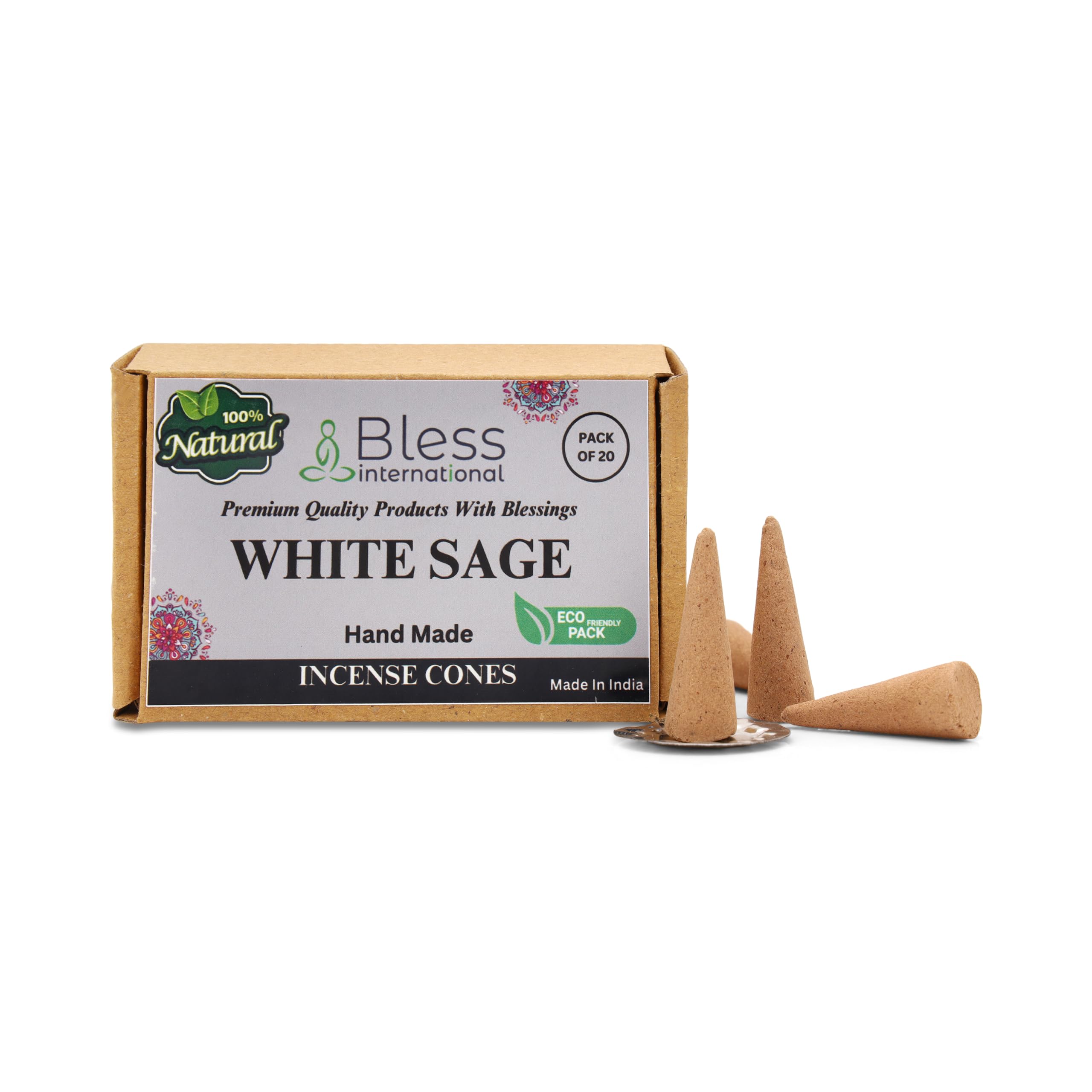 Bless-International White Sage 100%-Natural-Incense-Cones Handmade-Hand-Dipped Organic-Chemicals-Free for-Purification-Relaxation-Positivity-Yoga-Meditation The-Best-scents (20 Count)
