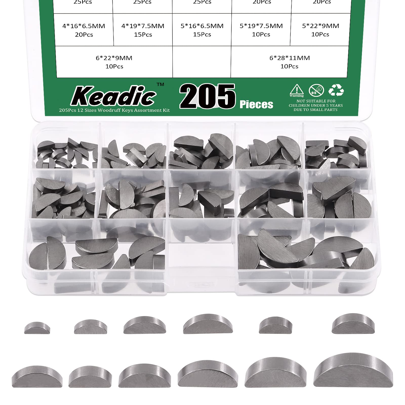 Keadic 205Pcs Metric Woodruff Key Assortment, 12 Sizes Half Moon Key Semicircle Woodruff Key Carbon Steel Crank Shaft Keyway Pulley Crank Hardware Accessories for Mechanical Industry