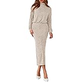 PRETTYGARDEN Turtle Neck Dresses for Women 2026 Fall Knit Outfits Slit Elastic Waist Long Sleeve Bodycon Midi Sweater Dress