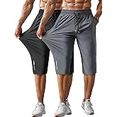 Hidkat Men's Capri Pants 3/4 Joggers Gym/Workout/Hiking Below Knee Long Shorts Lightweight Quick Dry with Zipper Pockets