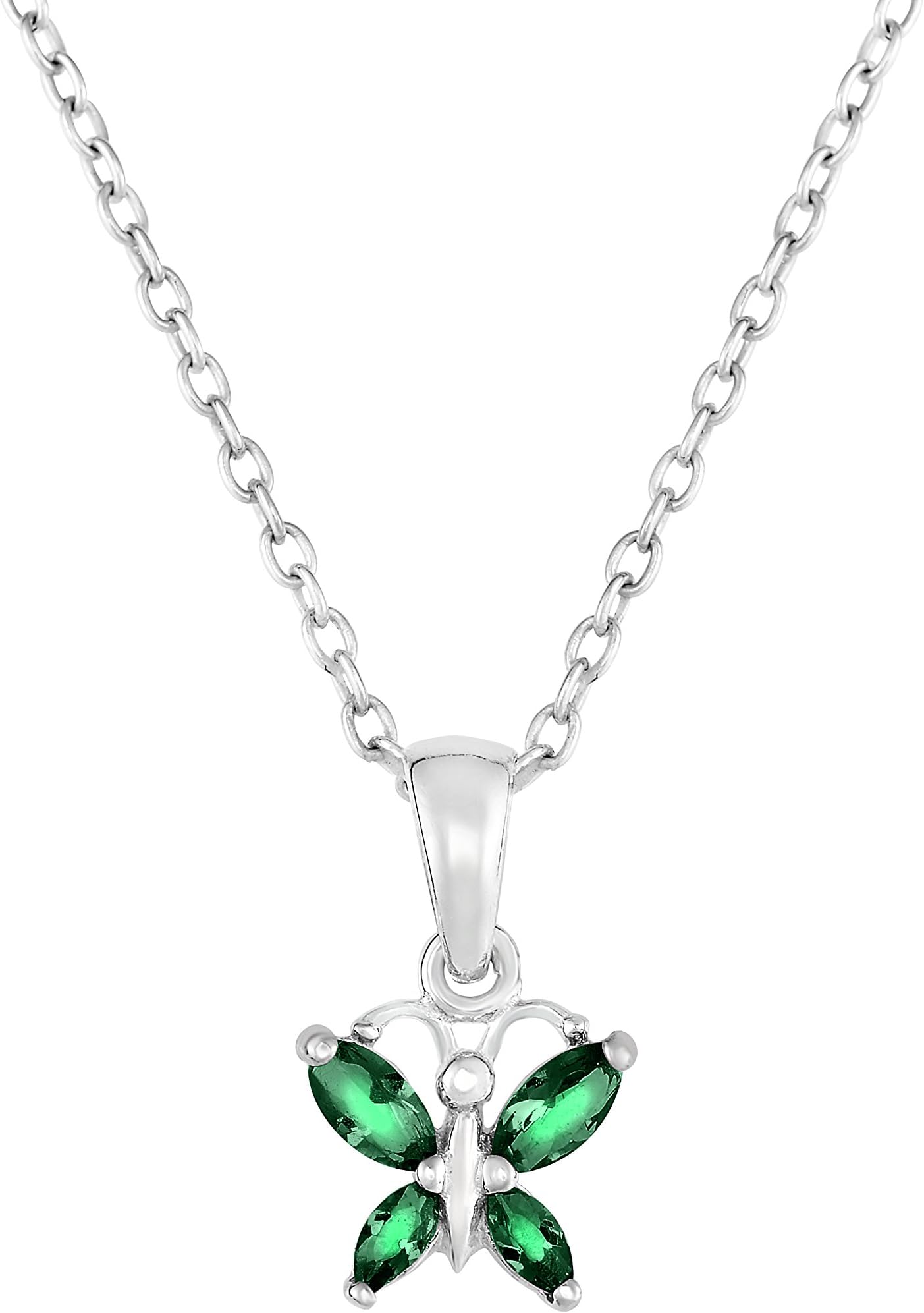 Sterling Silver Butterfly Pendant Necklace with Simulated Birthstone CZ for Girls, 16''
