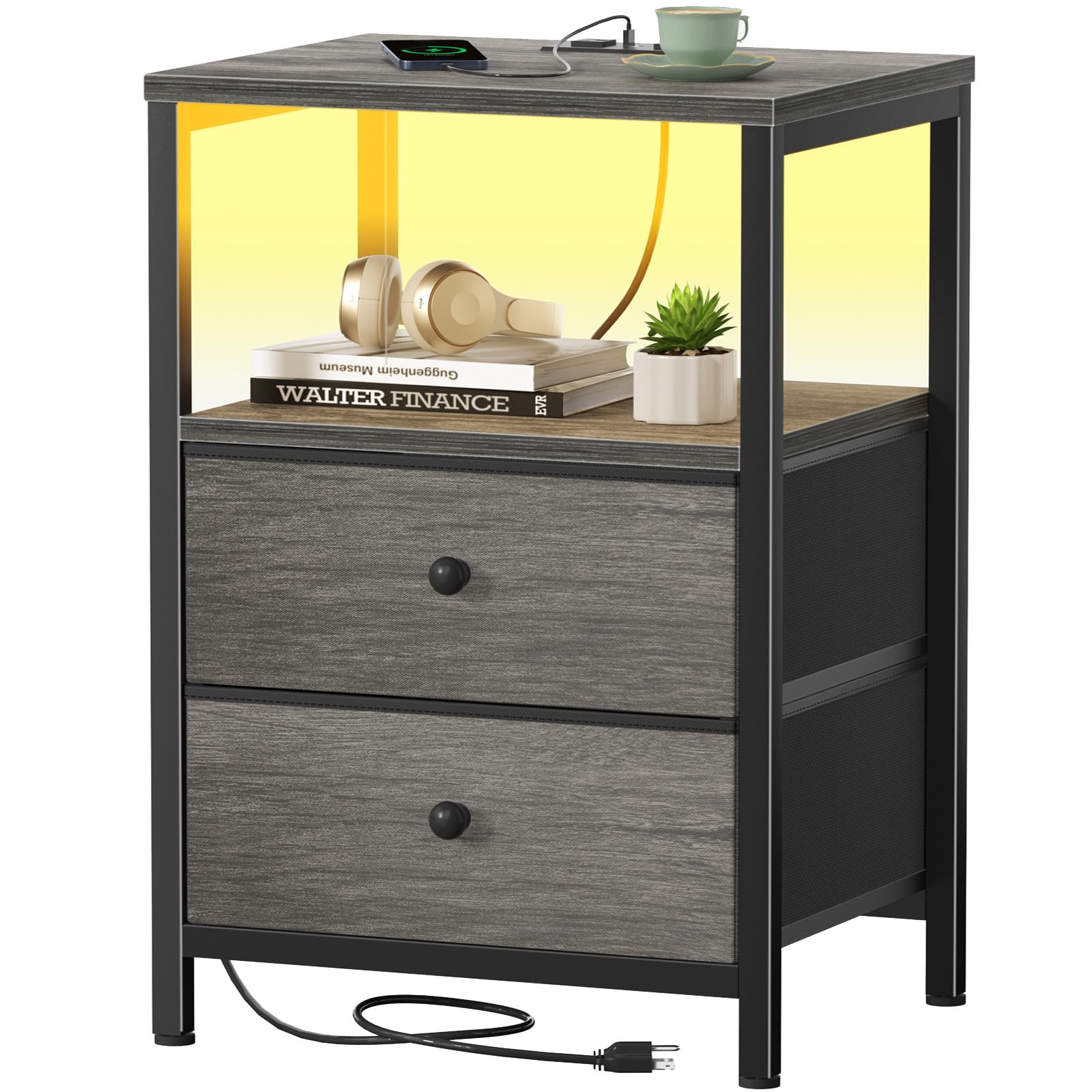 Photo 1 of BOLUO Gray Nightstand with Charging Station, LED Night Stand with 2 Fabric Drawers, Bedside Table with USB Ports and Outlets, Nightstand for Bedroom Modern