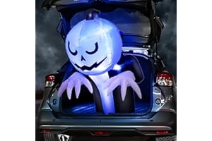 TURNMEON 3.6 Ft Halloween Trunk or Treat Inflatable Car Decorations Kit, Blow Up Pumpkin Ghost Built in Blue LED Lights Quick-Inflating Outdoor Decor for Car, Halloween Party Yard Decor